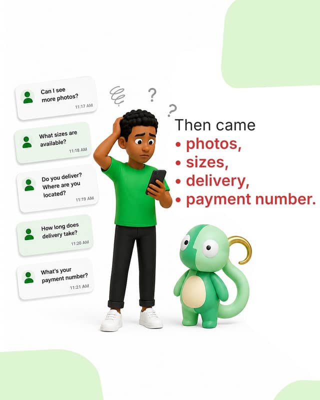 Then came the questions — photos, sizes, delivery, your number